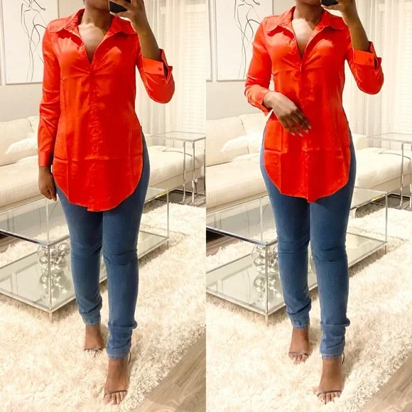 Red Longline Button Down Blouse - Picture 1 of 4